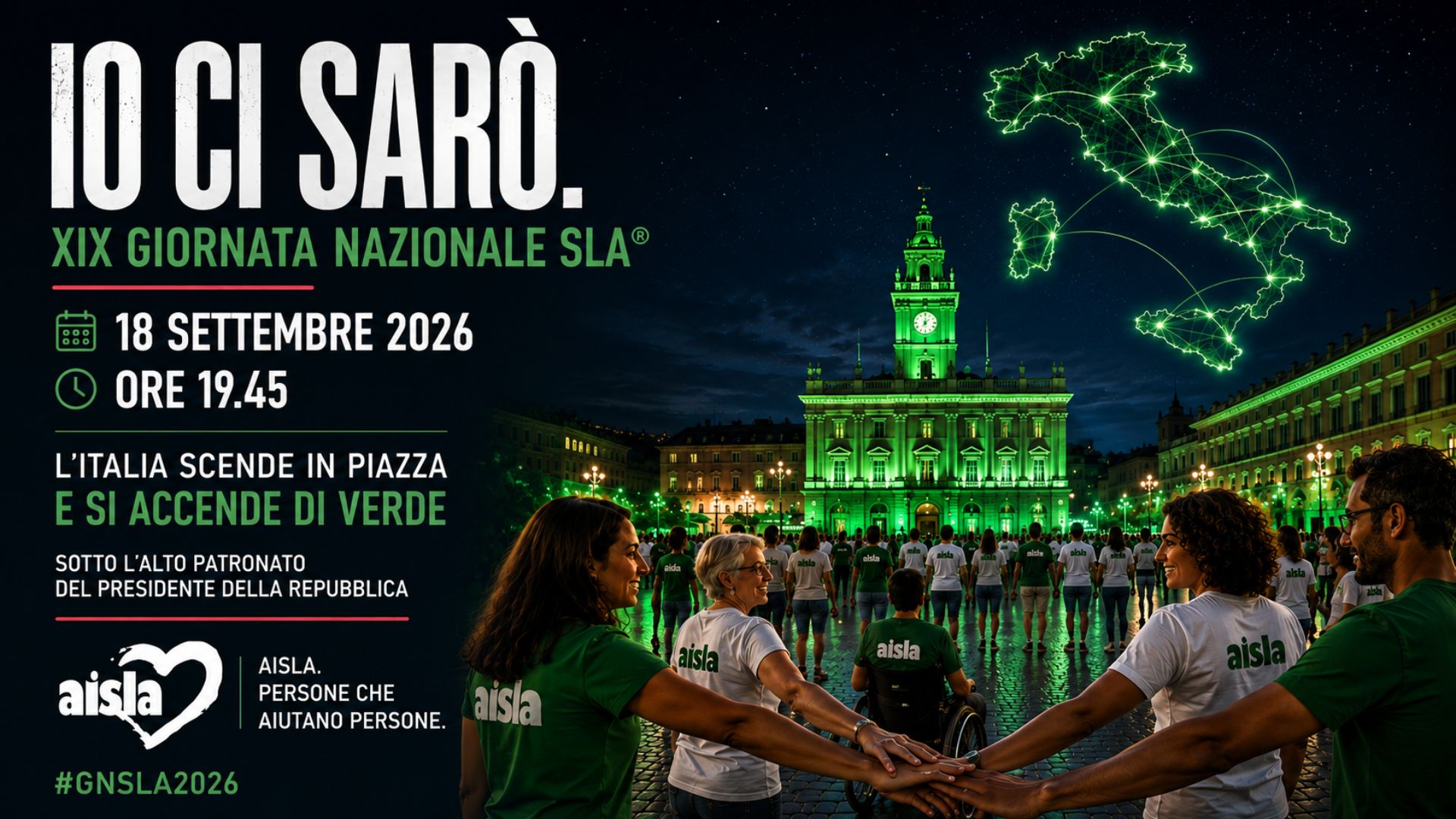 Oggi alle 19.45 centinaia di monumenti e luoghi simbolici si illumineranno per la XIX Giornata nazionale Sla. Da Palazzo Chigi ai territori, una luce per rendere visibili le oltre 6mila persone con Sla, le loro famiglie e la rete di cura, ricerca e volontariato.