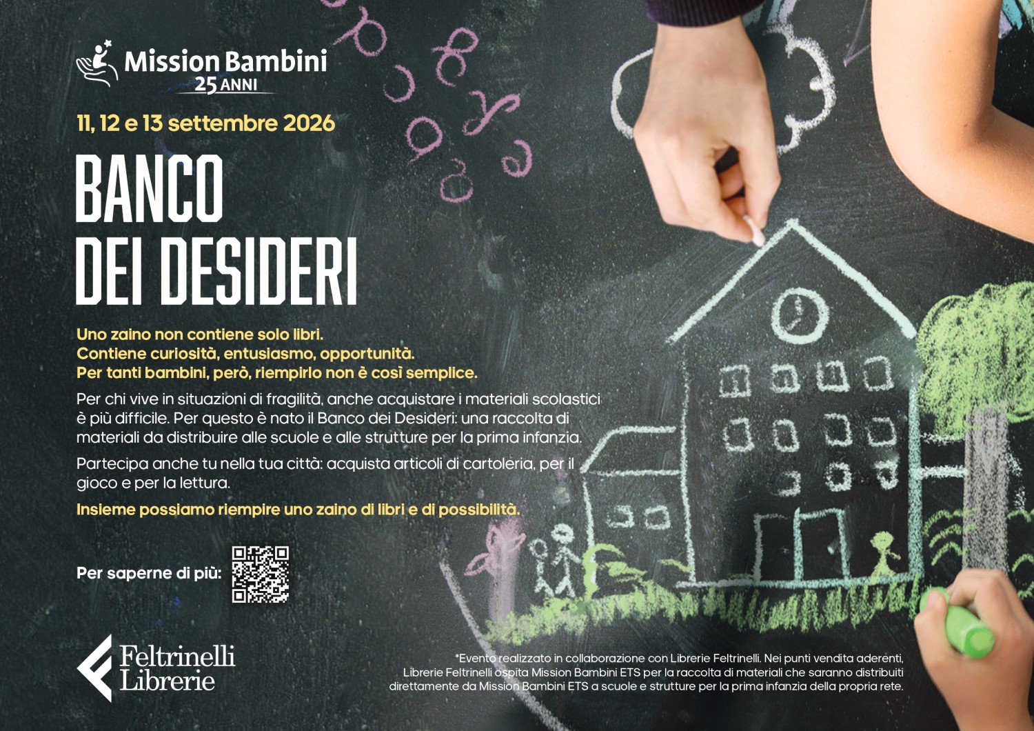 Per contrastare l'impatto della povertà economica sul diritto allo studio di 1,3 milioni di minori in Italia, dal 11 al 13 settembre torna la raccolta solidale "Banco dei Desideri", promossa da Mission Bambini e Librerie Feltrinelli. Presso 125 punti vendita in 84 città, tra cui Napoli, sarà possibile donare libri e materiale didattico per garantire a tutti gli studenti le stesse opportunità di apprendimento.