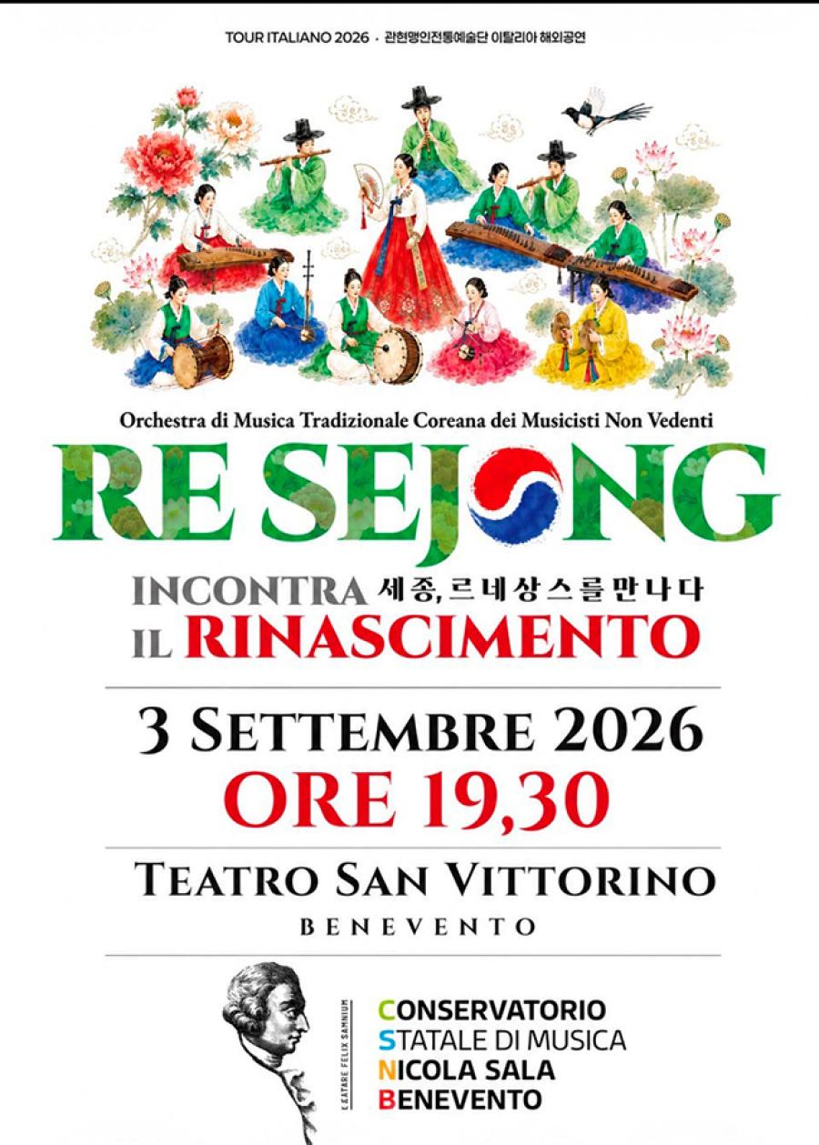 L'Orchestra Tradizionale Coreana dei Musicisti Non Vedenti fa tappa in Italia con il tour "Re Sejong incontra il Rinascimento", una serie di sette concerti gratuiti che si concluderà a Roma il 6 settembre. Il progetto fa rivivere un'antica tradizione secolare risalente alla dinastia Joseon, promuovendo il dialogo interculturale, l'inclusione e la valorizzazione artistica dei musicisti ciechi e ipovedenti attraverso le sonorità degli strumenti tradizionali coreani.