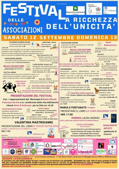Il 12 e 13 settembre 2026 il Villaggio Barona di Milano ospita il "Festival delle Associazioni โ La ricchezza dellโunicitร ", promosso dall'Associazione Nessuno รจ Escluso.