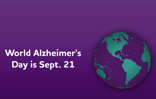 L’immagine rappresenta la realizzazione grafica internazionale per la Giornata Mondiale dell’Alzheimer del 21 settembre. Su uno sfondo di colore viola intenso, sulla sinistra la scritta in lingua  inglese, "World Alzheimer's Day is Sept. 21”, sulla destra è raffigurata una sfera terrestre tridimensionale 