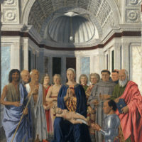 Titolo: Madonna col Bambino e santi, angeli e Federico da Montefeltro (Pala di San Bernardino) Autore: Piero della Francesca Anno: 1472 - 1474 Dimensioni: cm 251 × 172 Inventario: 180 Materia e tecnica: Tempera su Tavola Sala: XXIV